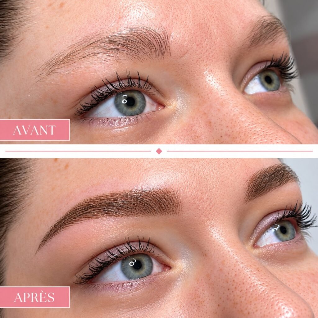 Avant après d’un maquillage permanent des sourcils réalisé à La Petite Coquetterie