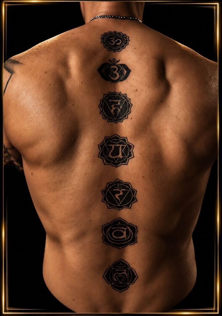 Alignement de symboles des chakras tatoués le long de la colonne vertébrale
