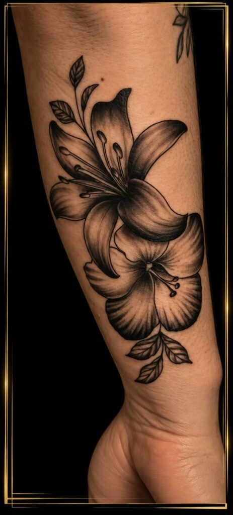 Tatouage floral noir sur l’avant-bras réalisé par LPC Ink