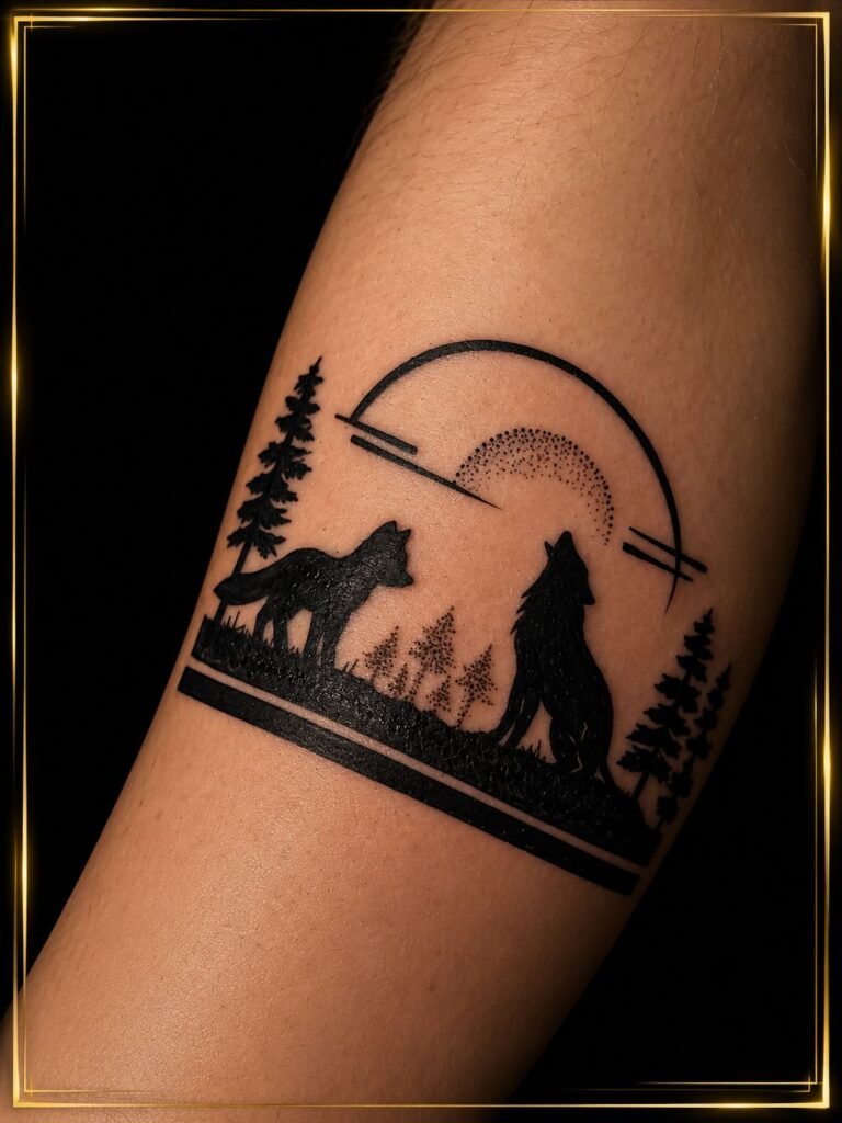Tatouage représentant un loup dans un paysage de montagne et de forêt
