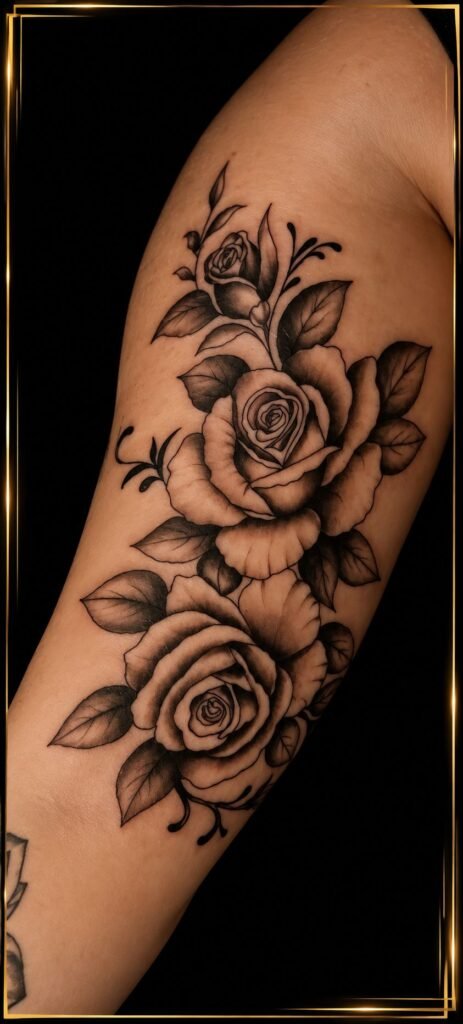 Tatouage de roses en noir et gris réalisé par LPC Ink
